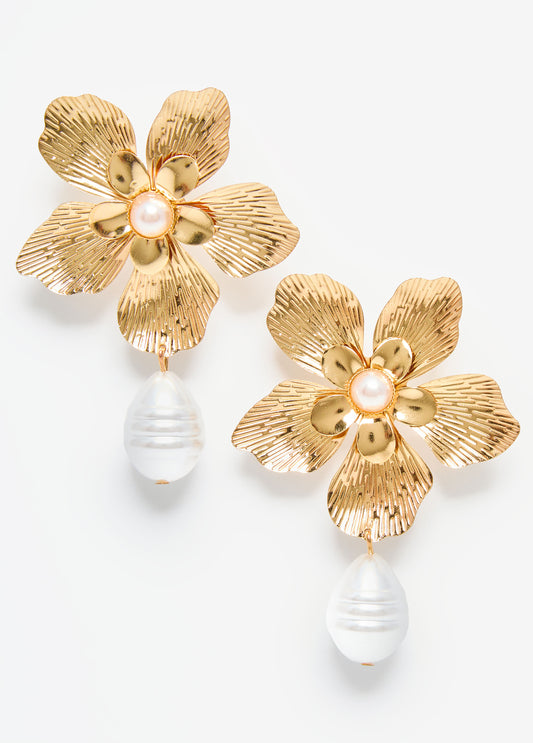 Textured Gold Tone Flower Earrings