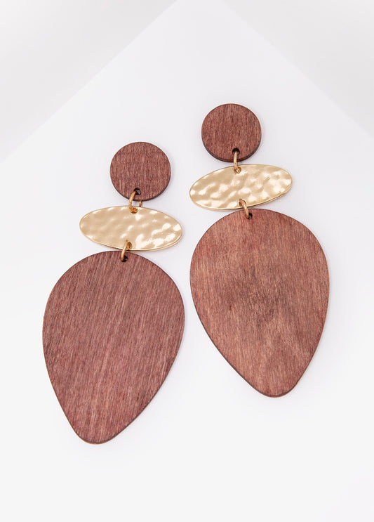 Hammered Gold And Wood Earrings
