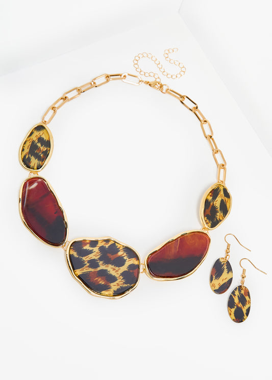 Trendy animal print gold chain link necklace fashion jewelry set