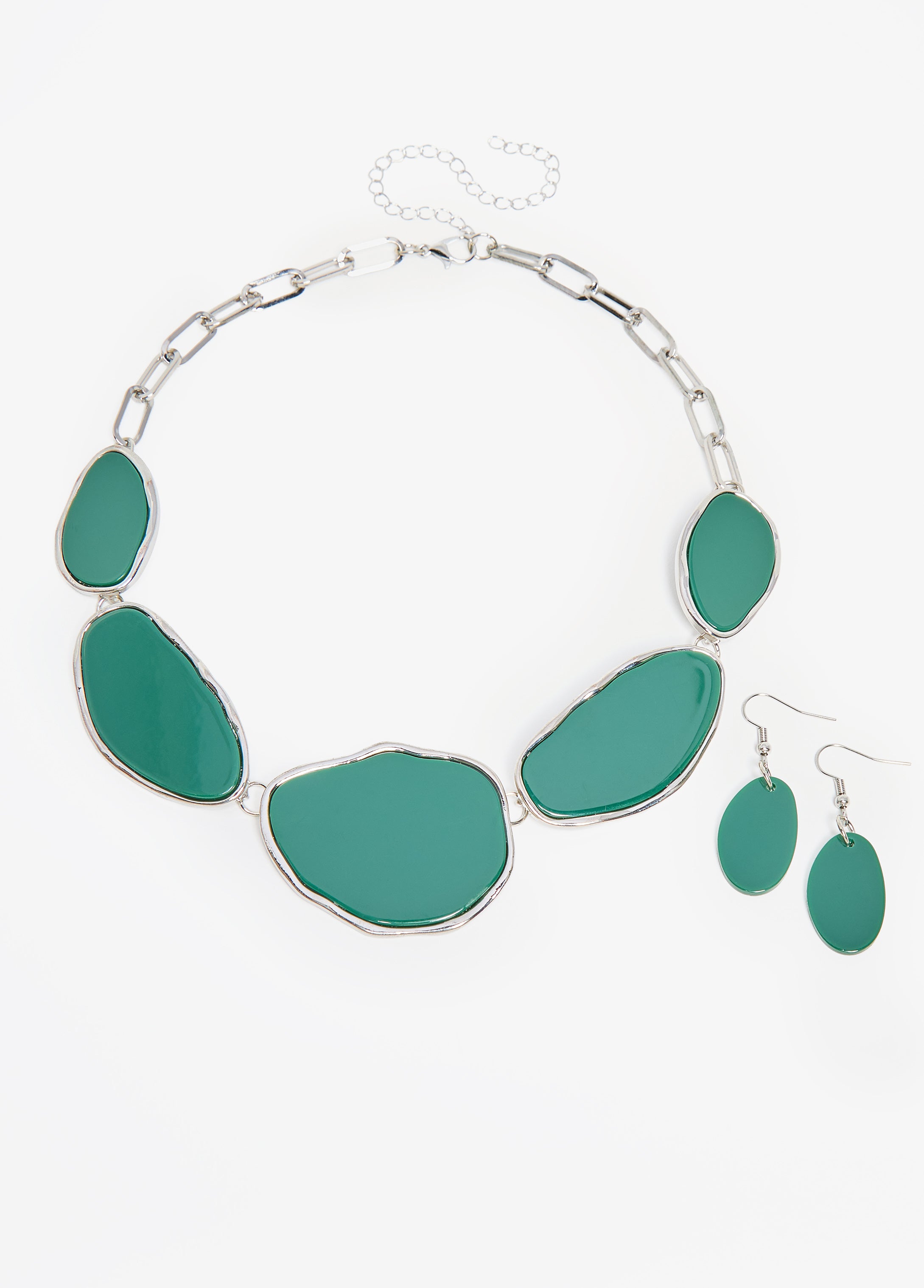 Trendy hammered green silver chain link necklace fashion jewelry set