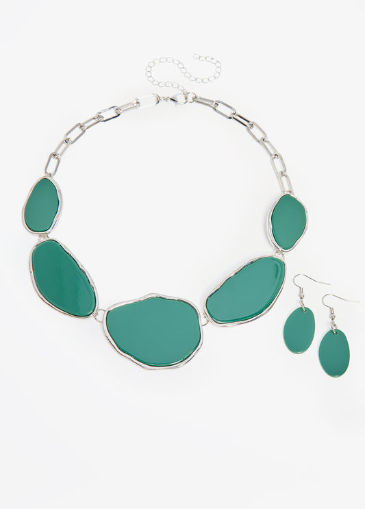 Trendy hammered green silver chain link necklace fashion jewelry set