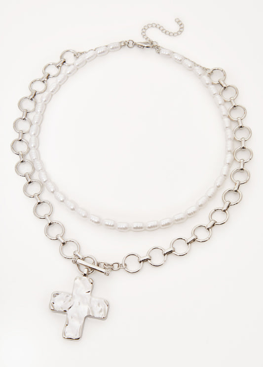 Layered Cross Faux Pearl Necklace