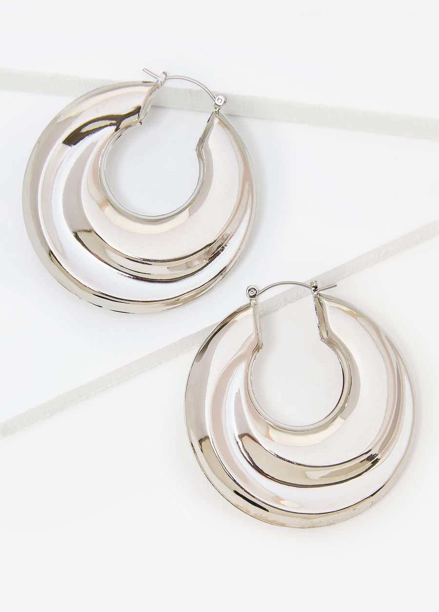 Silver Tone Puff Hoop Earrings
