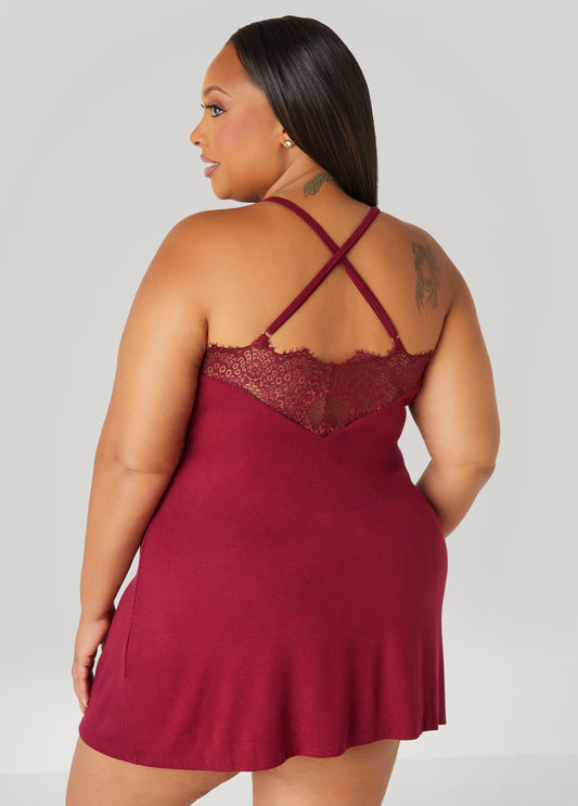 Lace Trimmed Ribbed Chemise
