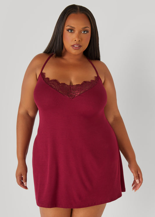 Plus Size Lace Trimmed Ribbed Chemise