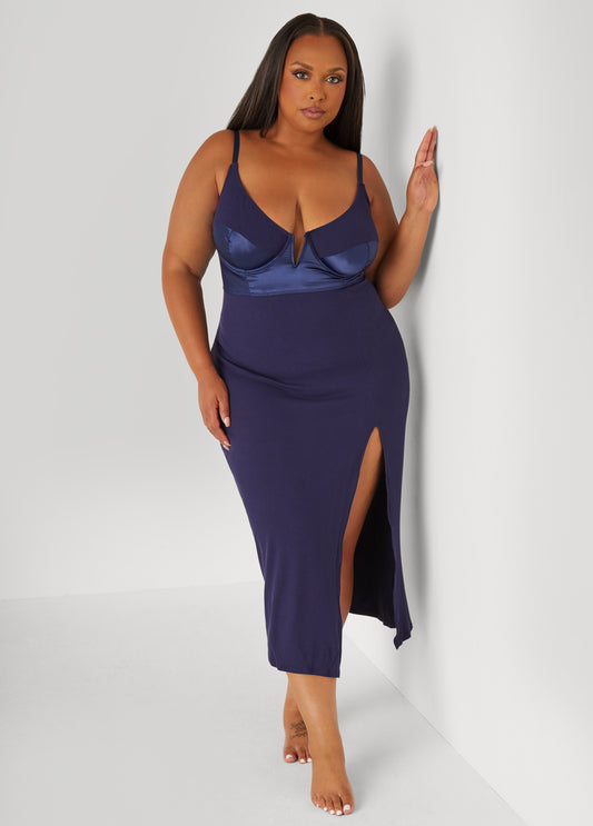 Plus Size Satin Paneled Ribbed Lingerie Gown