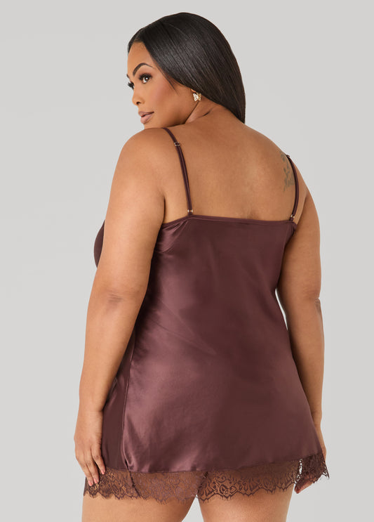 Lace Trimmed Satin Chemise Set