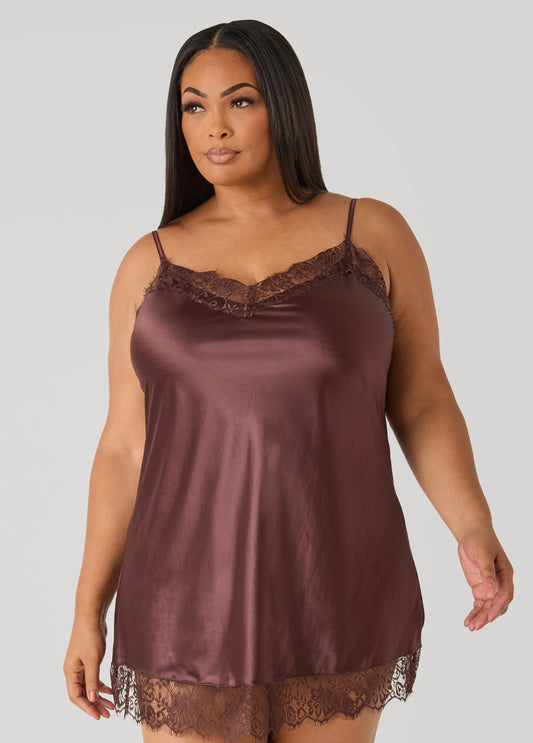 Lace Trimmed Satin Chemise Set