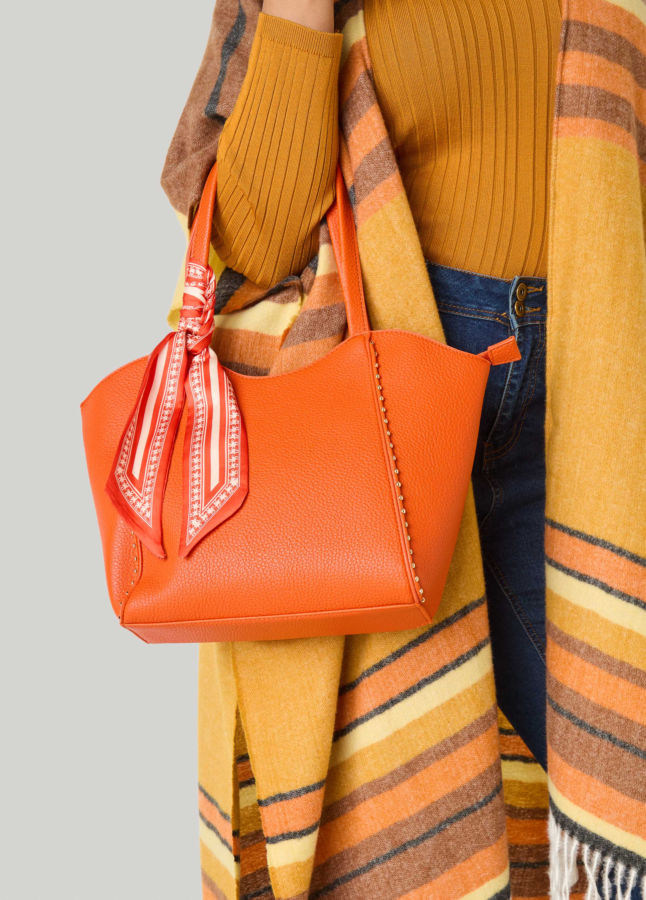 Scarf Accented Faux Leather Tote