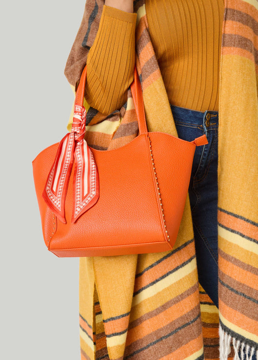 Scarf Accented Faux Leather Tote