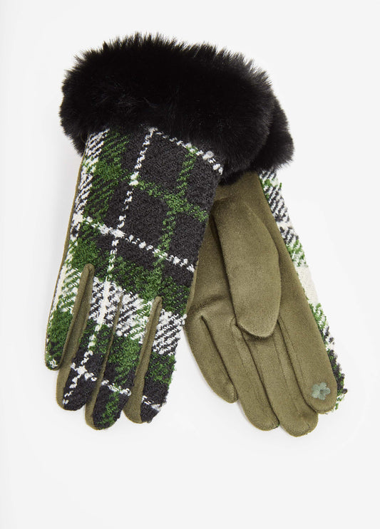 Faux Fur Cuffed Plaid Gloves
