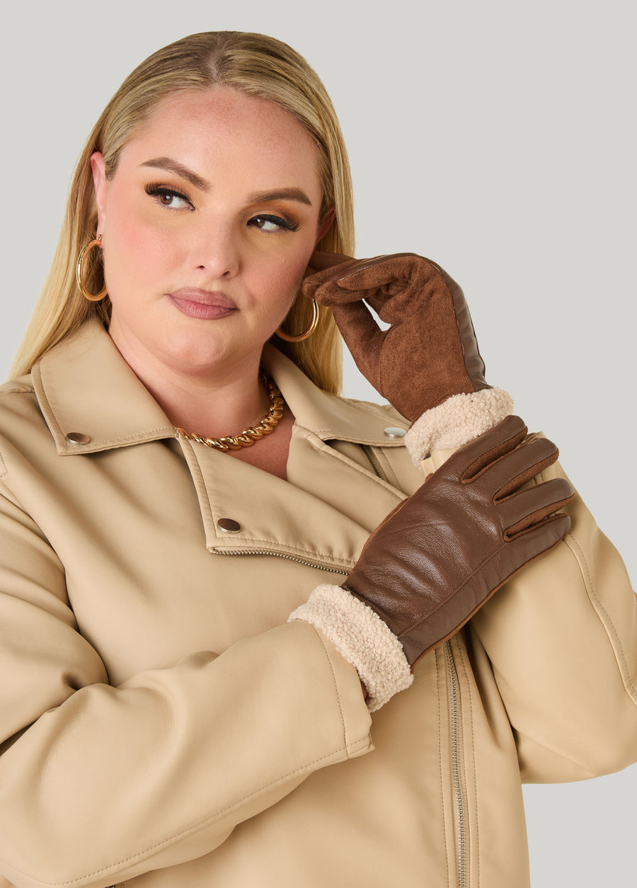Sherpa Cuff Faux Leather Gloves