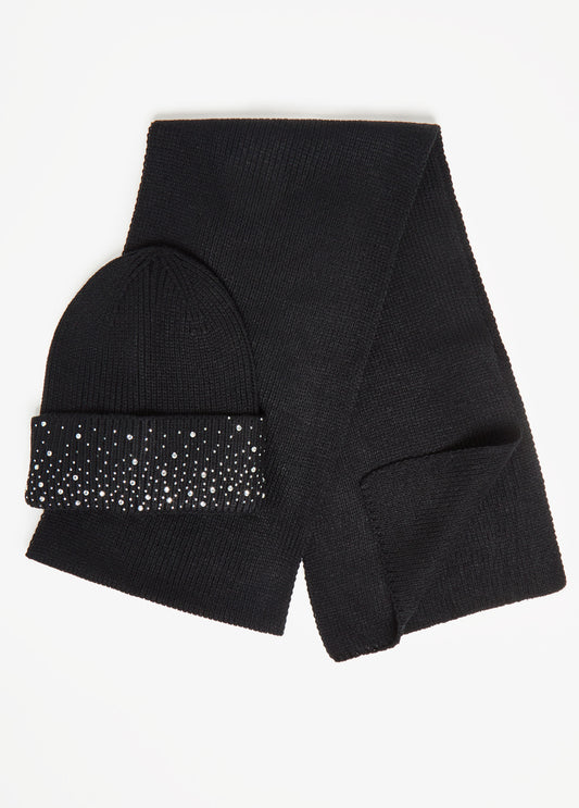 Holiday Gift 2 Piece Set Crystal Knit Cozy Black Hat Scarf Set