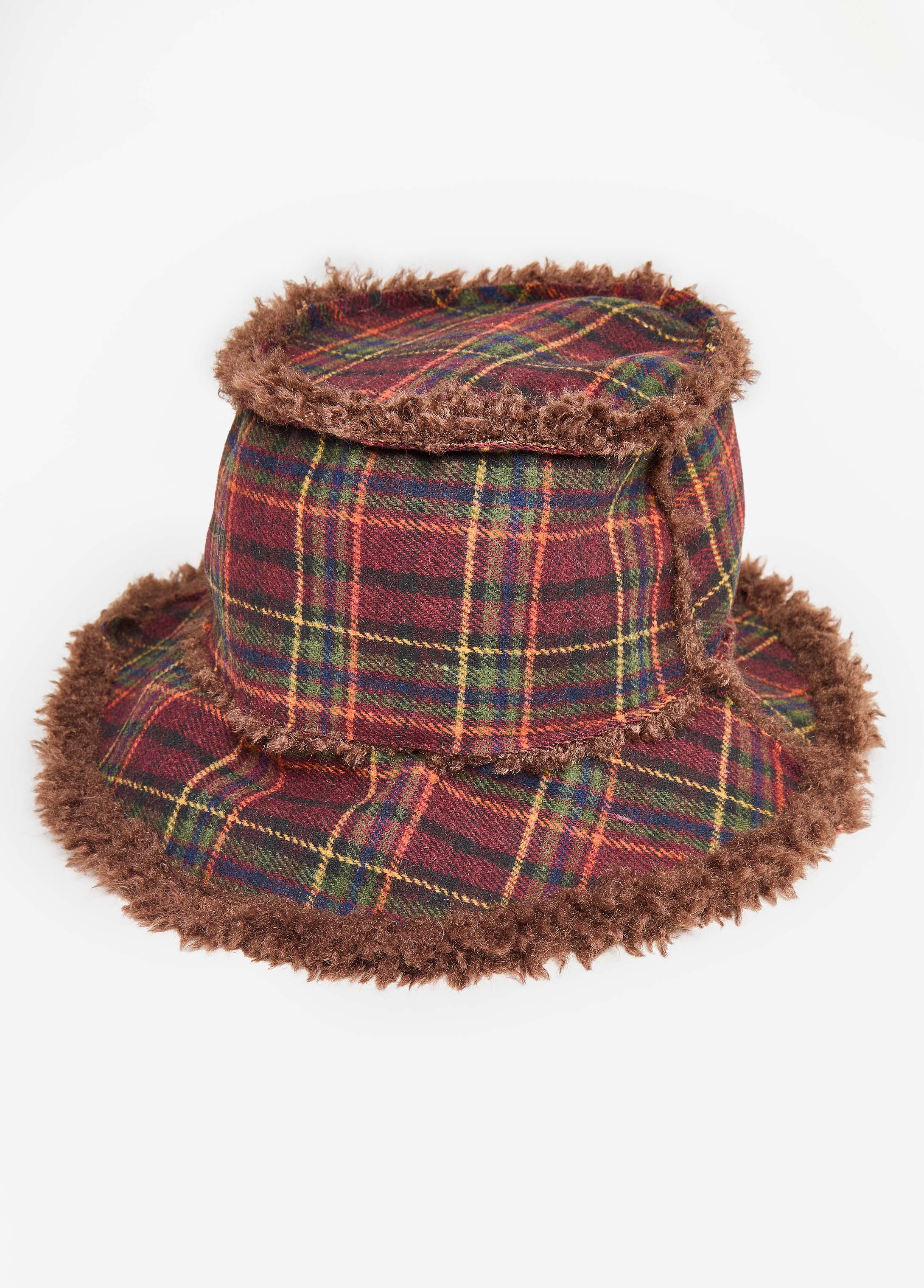 Faux Fur Trimmed Plaid Bucket Hat