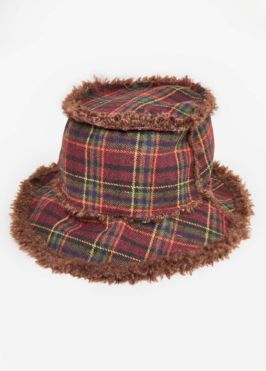 Faux Fur Trimmed Plaid Bucket Hat