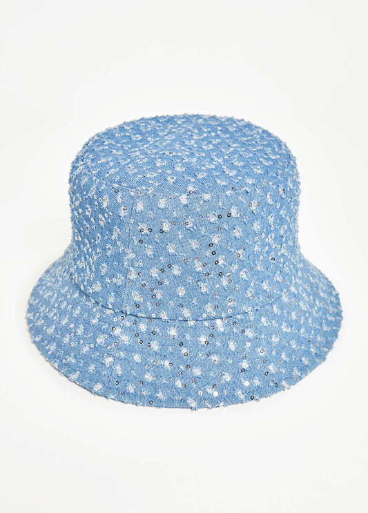 Distressed Sequin Denim Bucket Hat