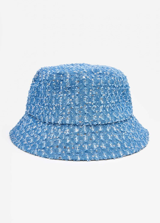 Distressed Sequin Denim Bucket Hat