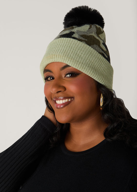 Camo Faux Fur Pom Pom Beanie