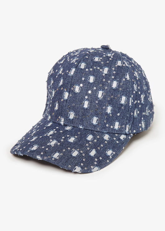 Distressed denim baseball hat with metallic threading, sequin embellishments and adjustable fastening at back.