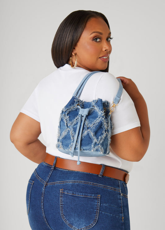 Distressed Denim Buckle Bag