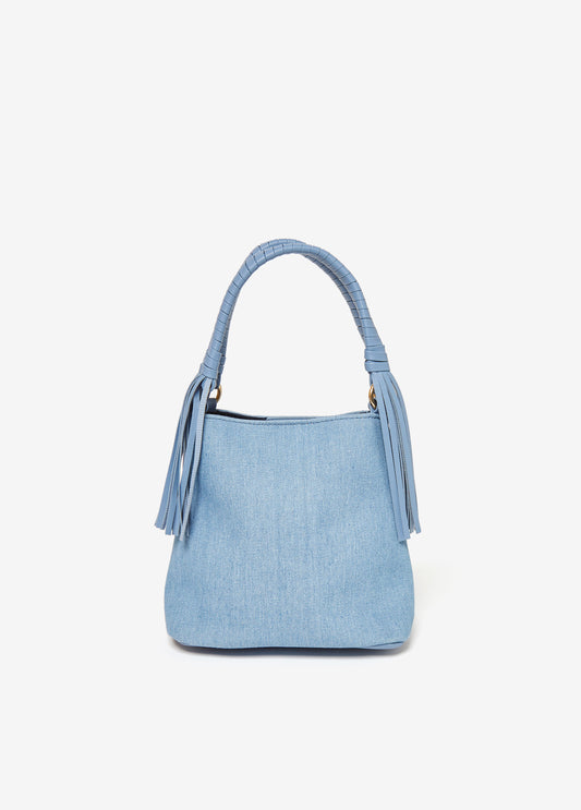 Denim bucket bag with gold-tone hardware, two top handles and fringed faux leather trims.