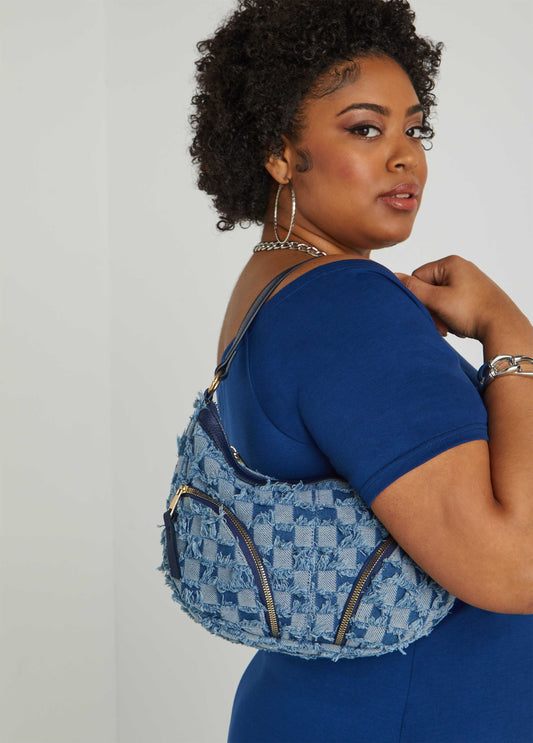 Checked Denim Shoulder Bag