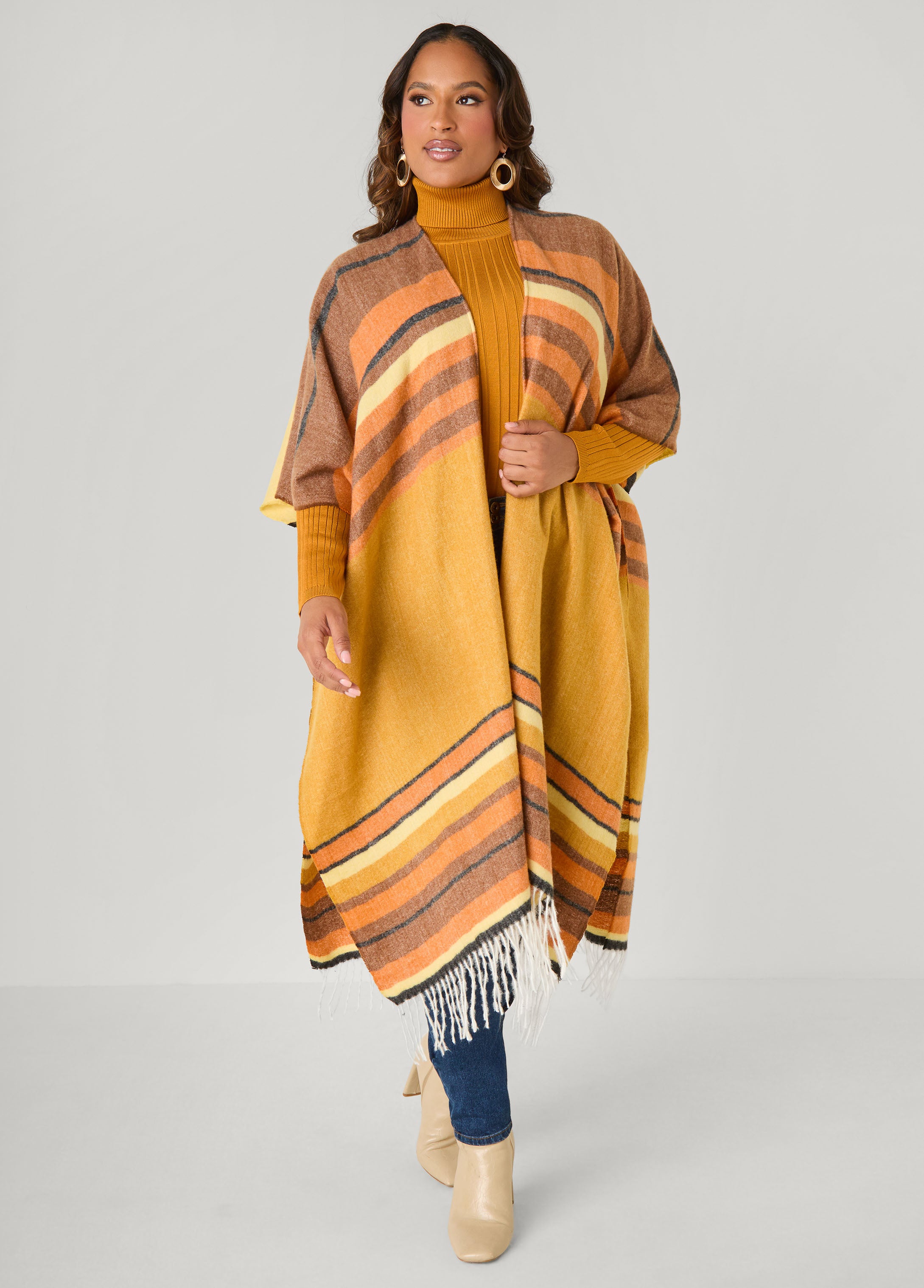 Fringe Trimmed Striped Ruana