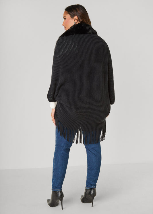 Faux Fur Trimmed Ribbed Ruana