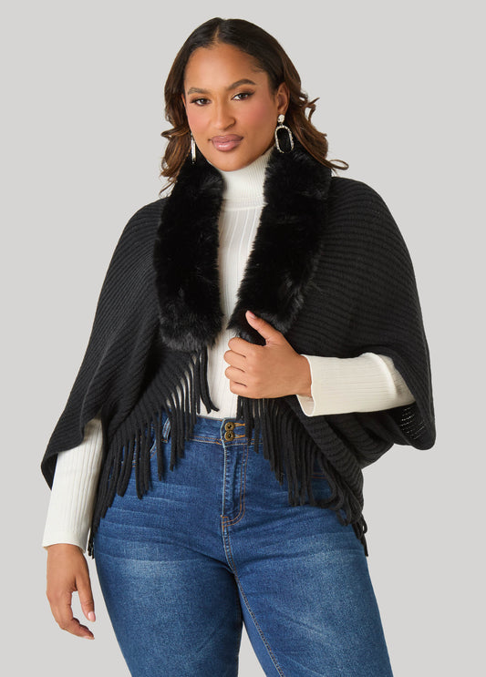 Faux Fur Trimmed Ribbed Ruana
