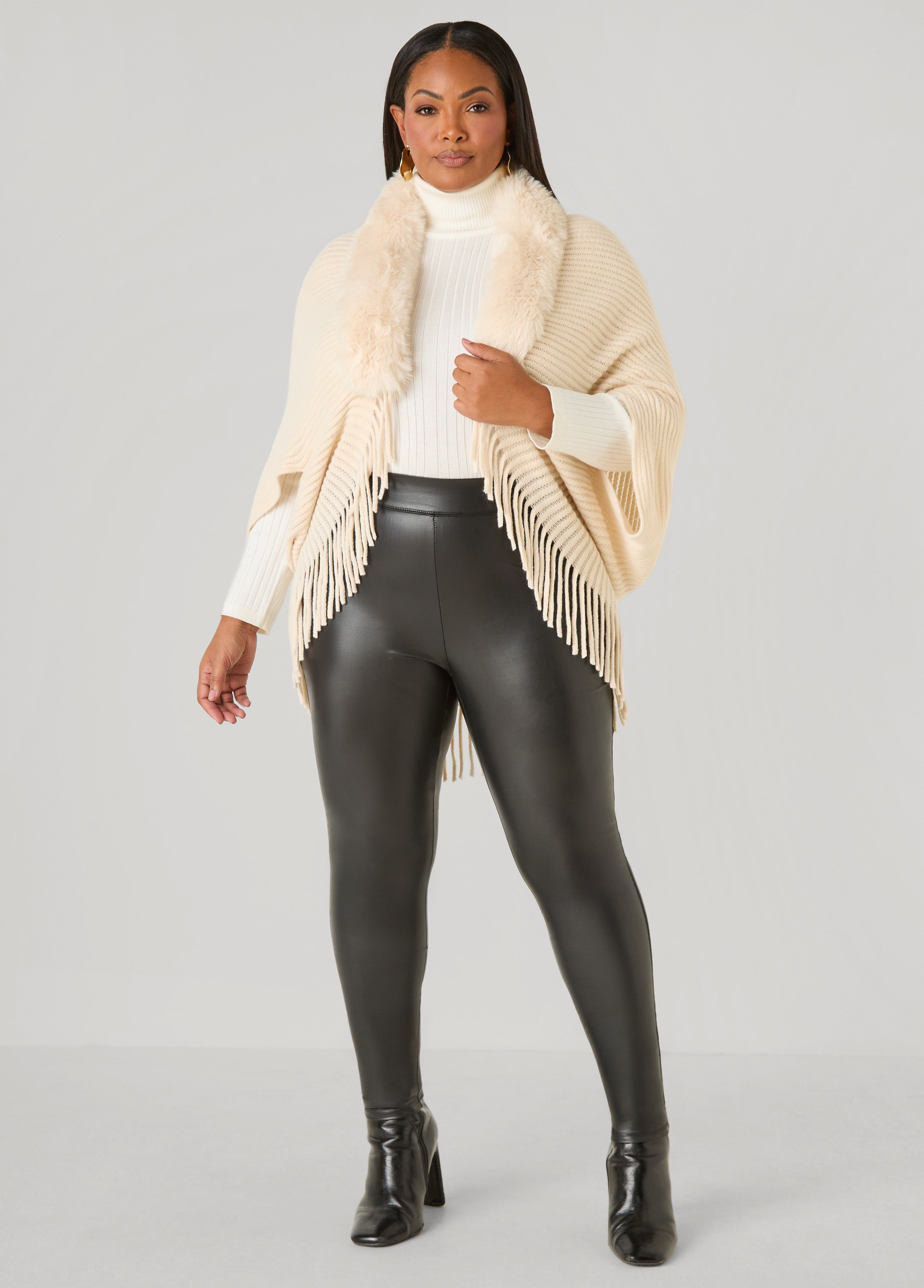 Fringe And Faux Fur Trimmed Ruana