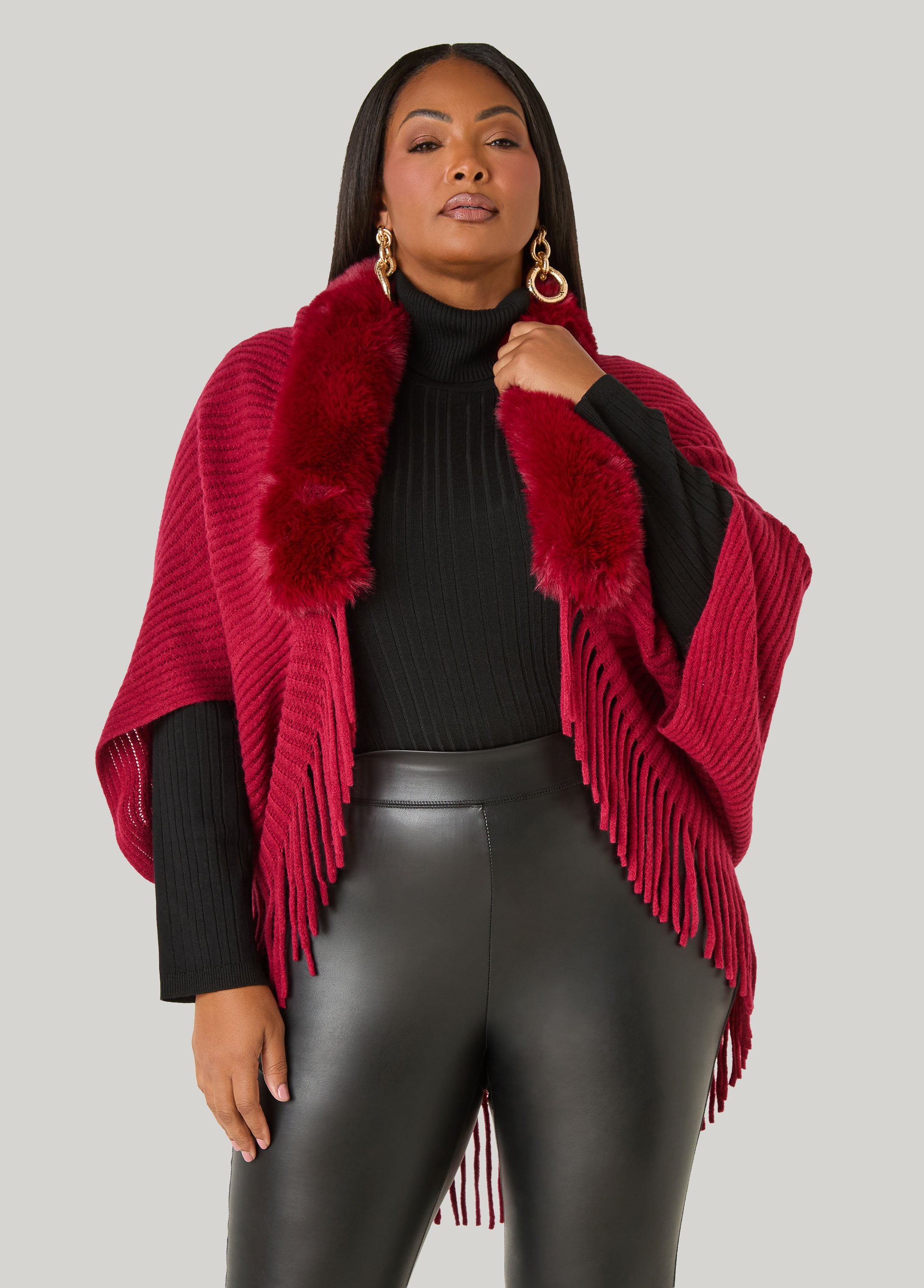 Fringed And Faux Fur Trimmed Ruana