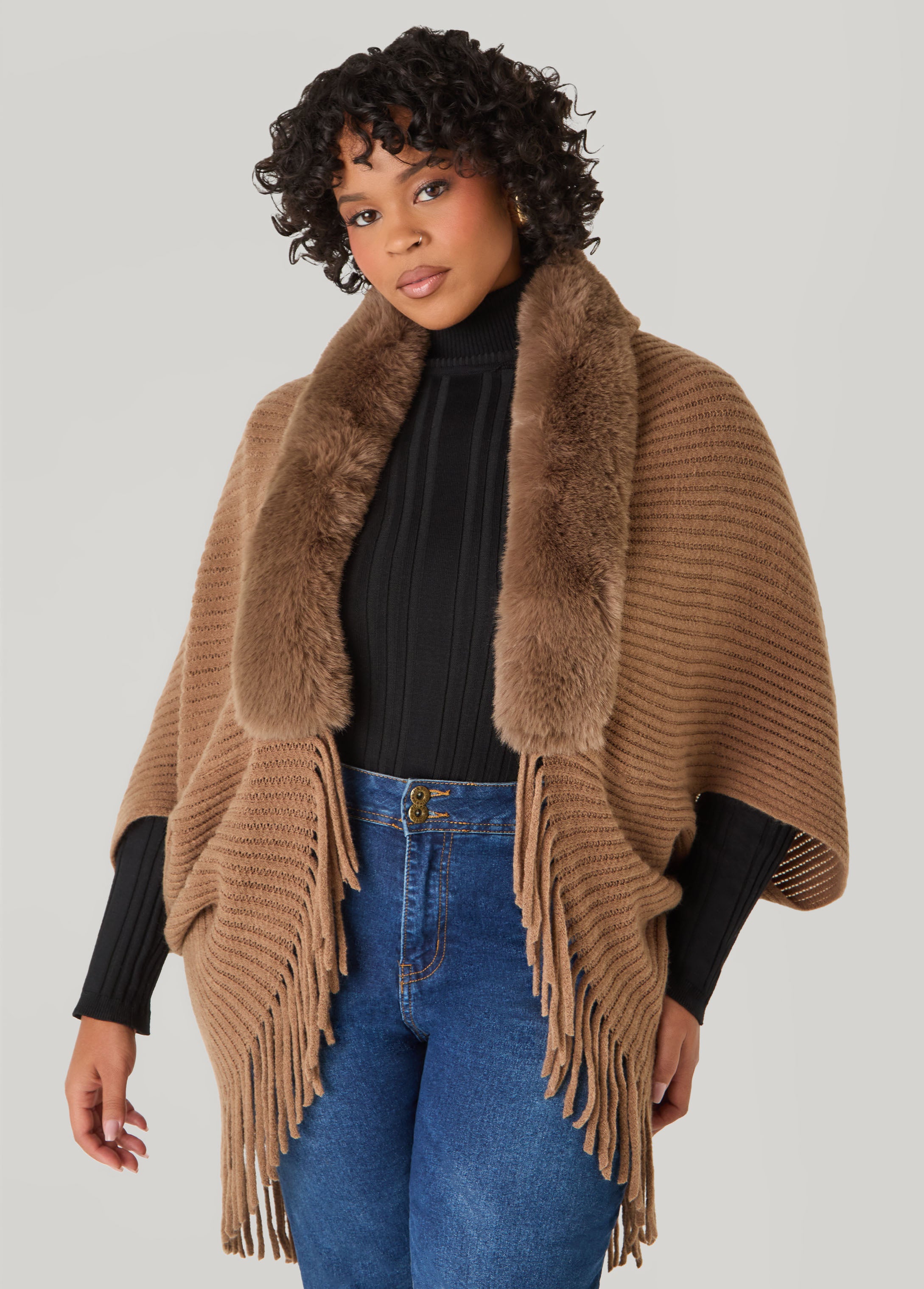 Faux Fur Trimmed Ribbed Ruana – Ashley Stewart