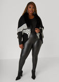 Faux Fur Trimmed Striped Poncho