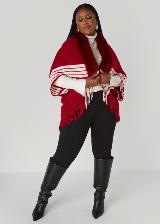 Faux Fur Trimmed Stripe Poncho