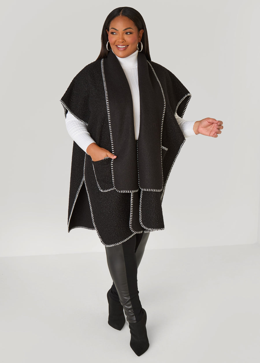 Plus Size Scarf Detailed Bouclé Knit Ruana