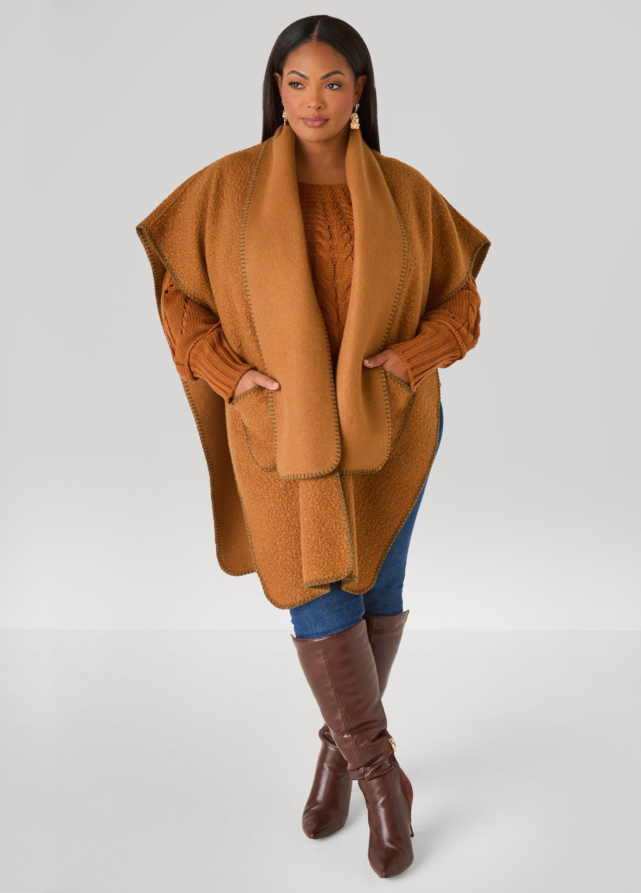 Scarf Detailed Bouclé Ruana – Ashley Stewart