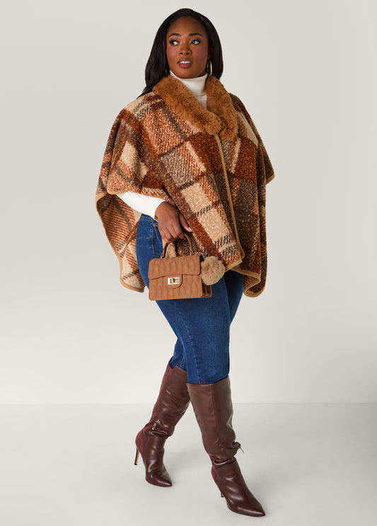 Faux Fur Trimmed Plaid Poncho