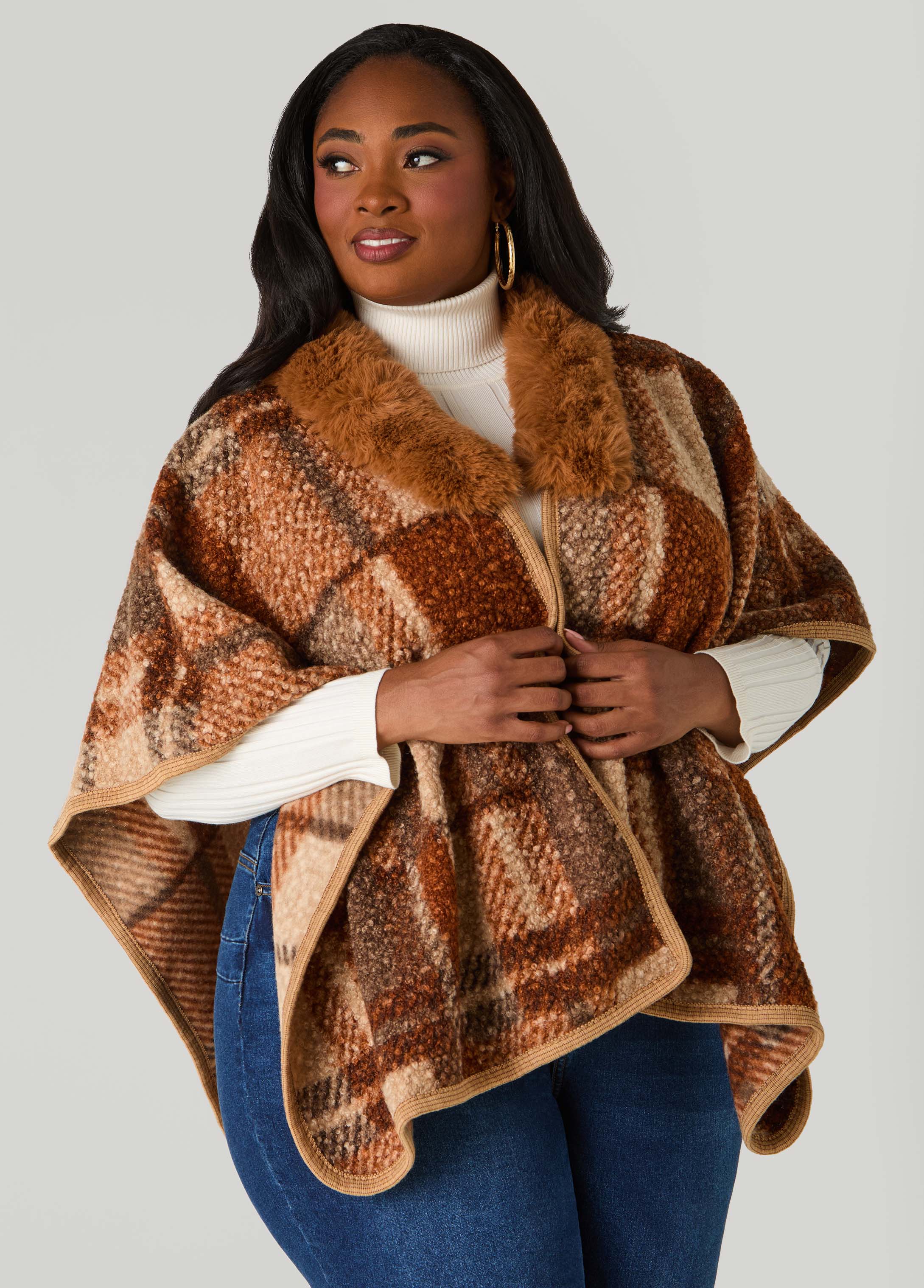 Plus Size Faux Fur Trimmed Plaid Poncho