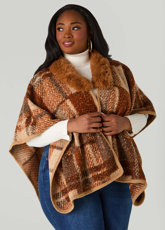 Plus Size Faux Fur Trimmed Plaid Poncho