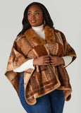 Plus Size Faux Fur Trimmed Plaid Poncho