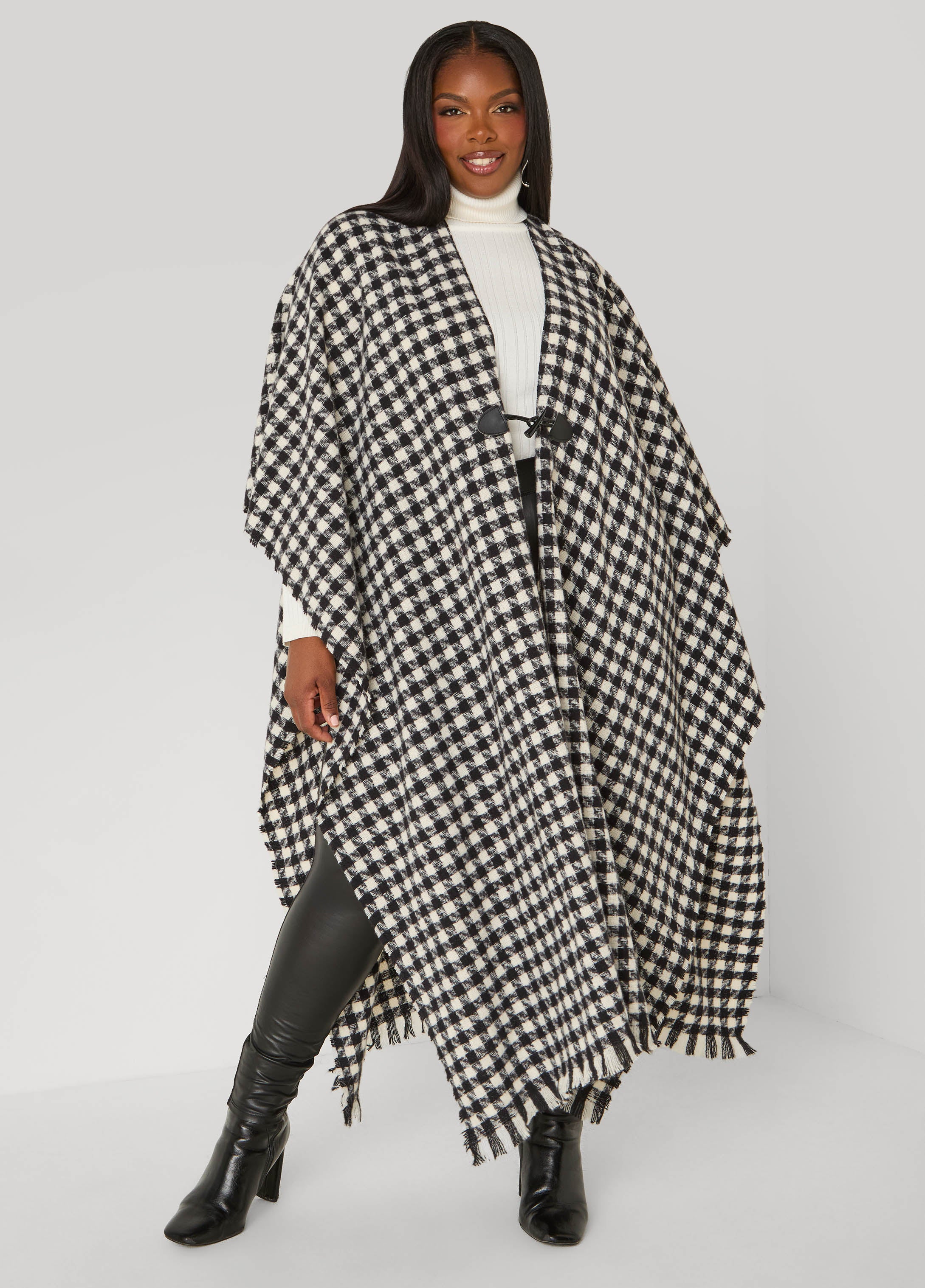 Faux Leather Trimmed Checked Ruana