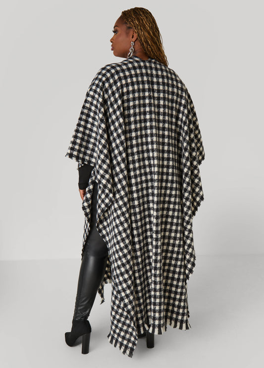 Faux Leather Trimmed Checked Ruana