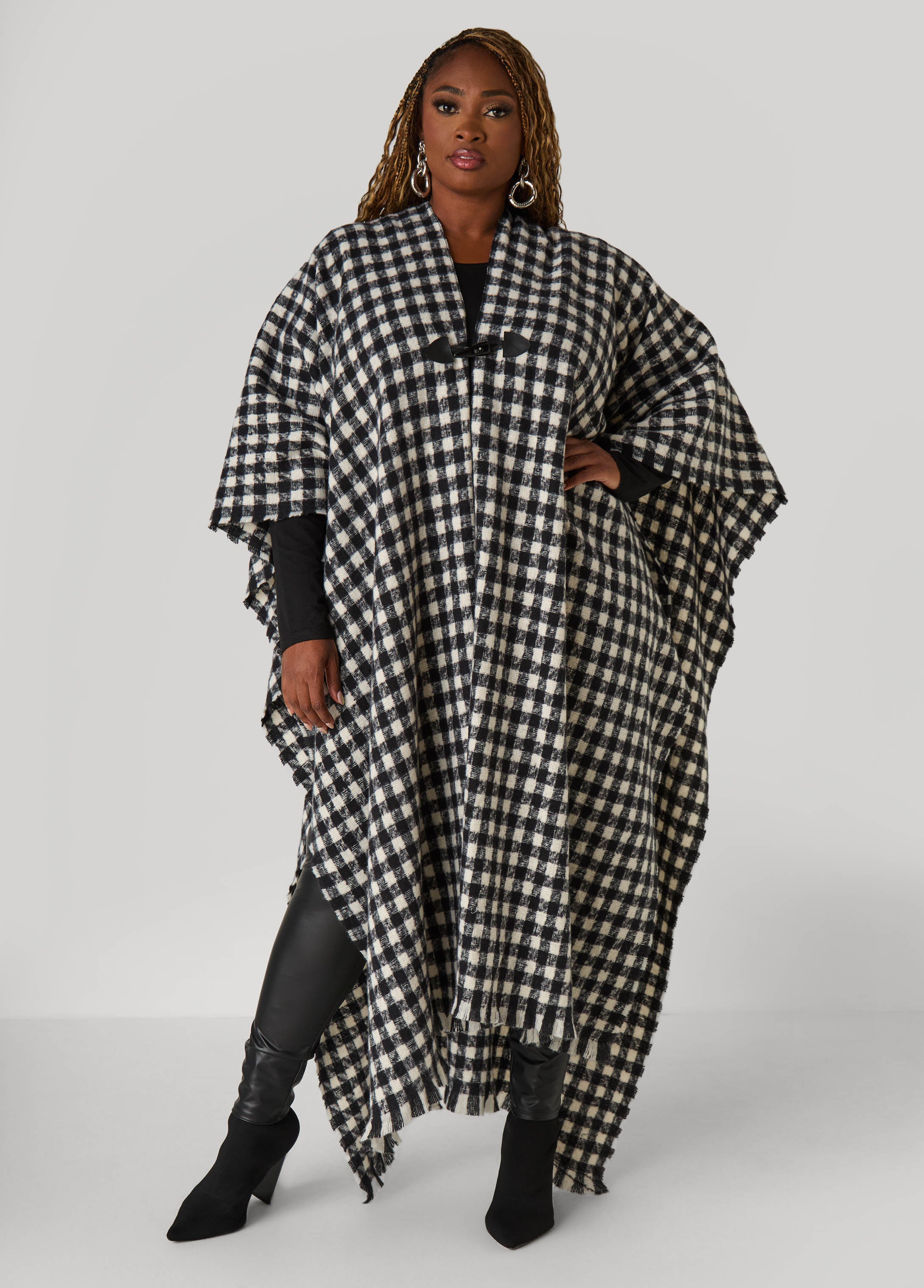 Plus Size Faux Leather Trimmed Checked Ruana