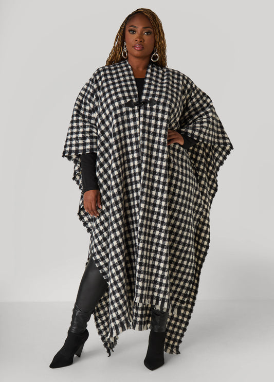 Plus Size Faux Leather Trimmed Checked Ruana