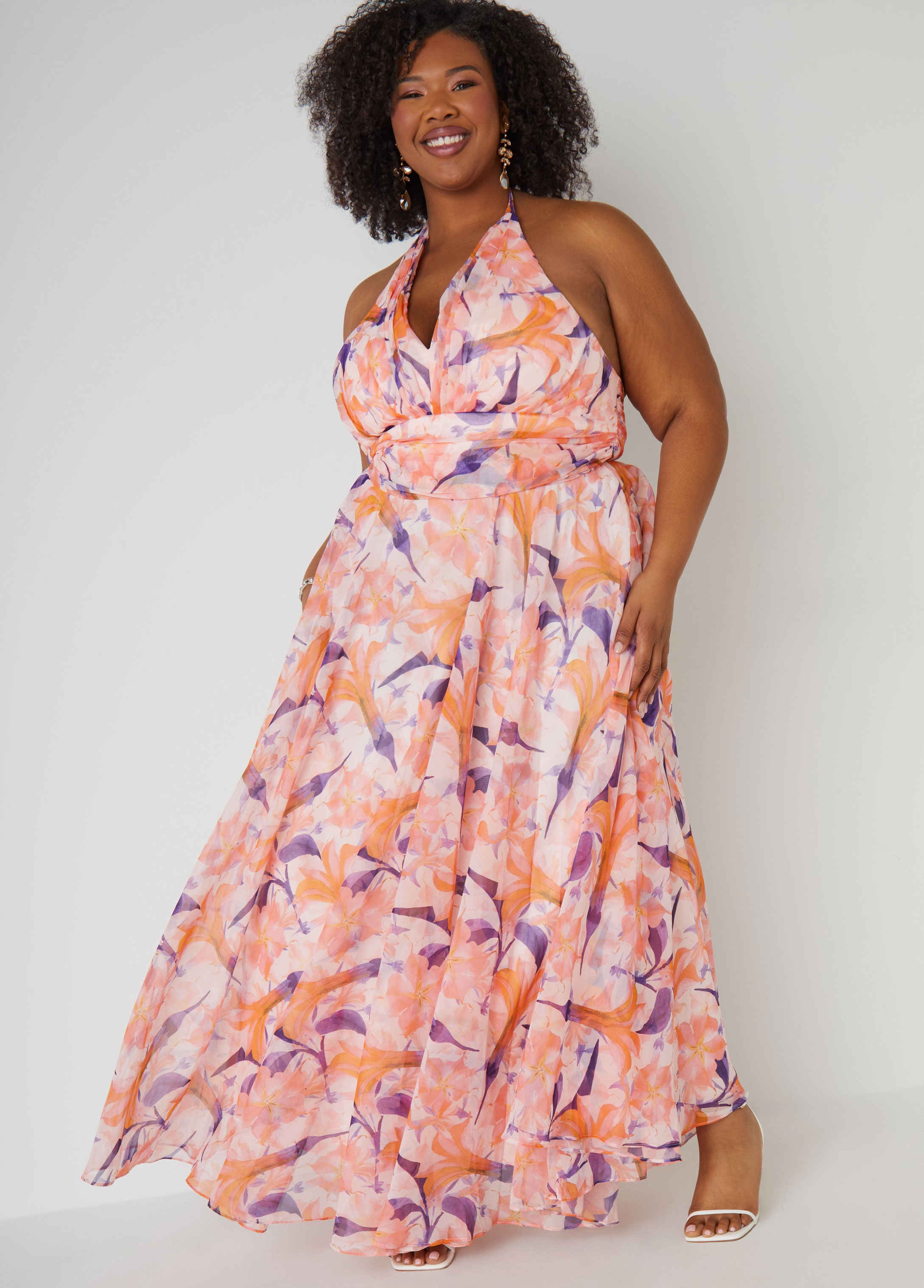 Floral Organza Halter Gown - Pink / 14 Floral Organza Halter Gown - Pink / 14