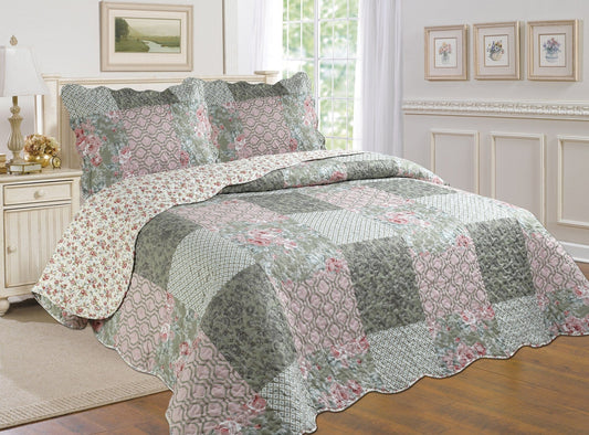Floral Patchwork Reversible Quilt 3 Piece Set
