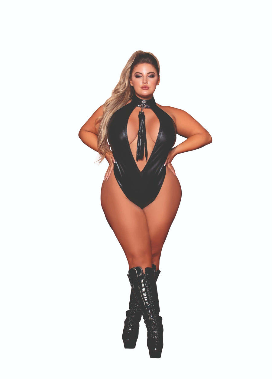 Plus Size Dreamgirl Open Front Halter Teddy And Flogger Set