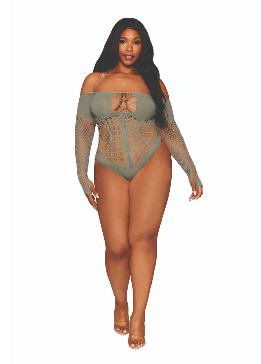 Plus Size Dreamgirl Chain Trimmed Halter Mesh Teddy