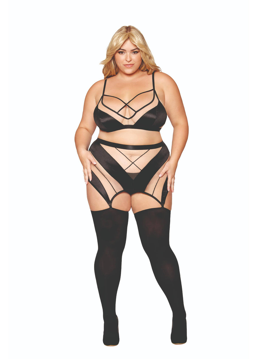 Plus Size Dreamgirl Bralette Garter Skirt And G String Set