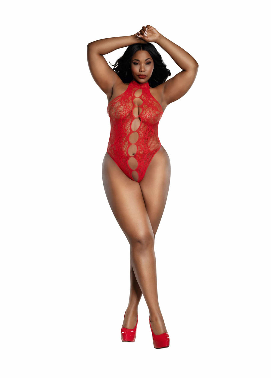 Plus Size Dreamgirl High Collar Peek A Boo Teddy